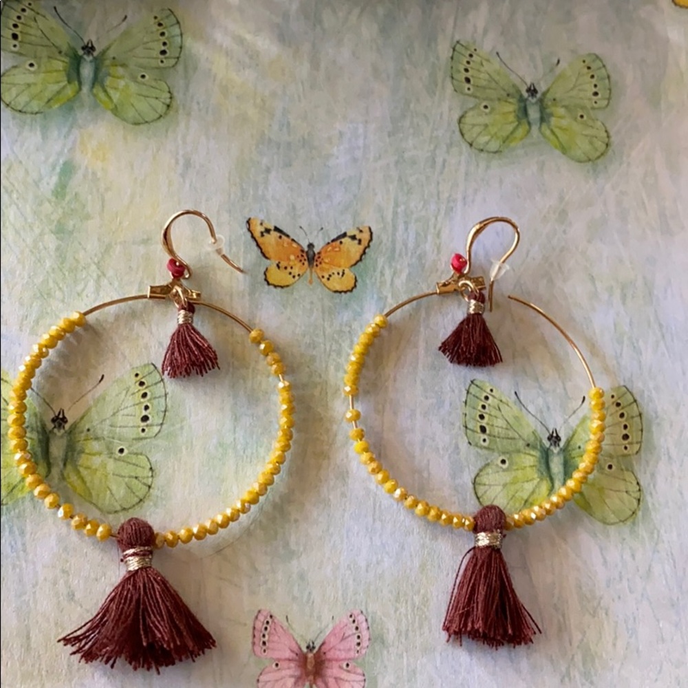 Earrings; Yellow Beaded Hoop; Tassel;  Pierced